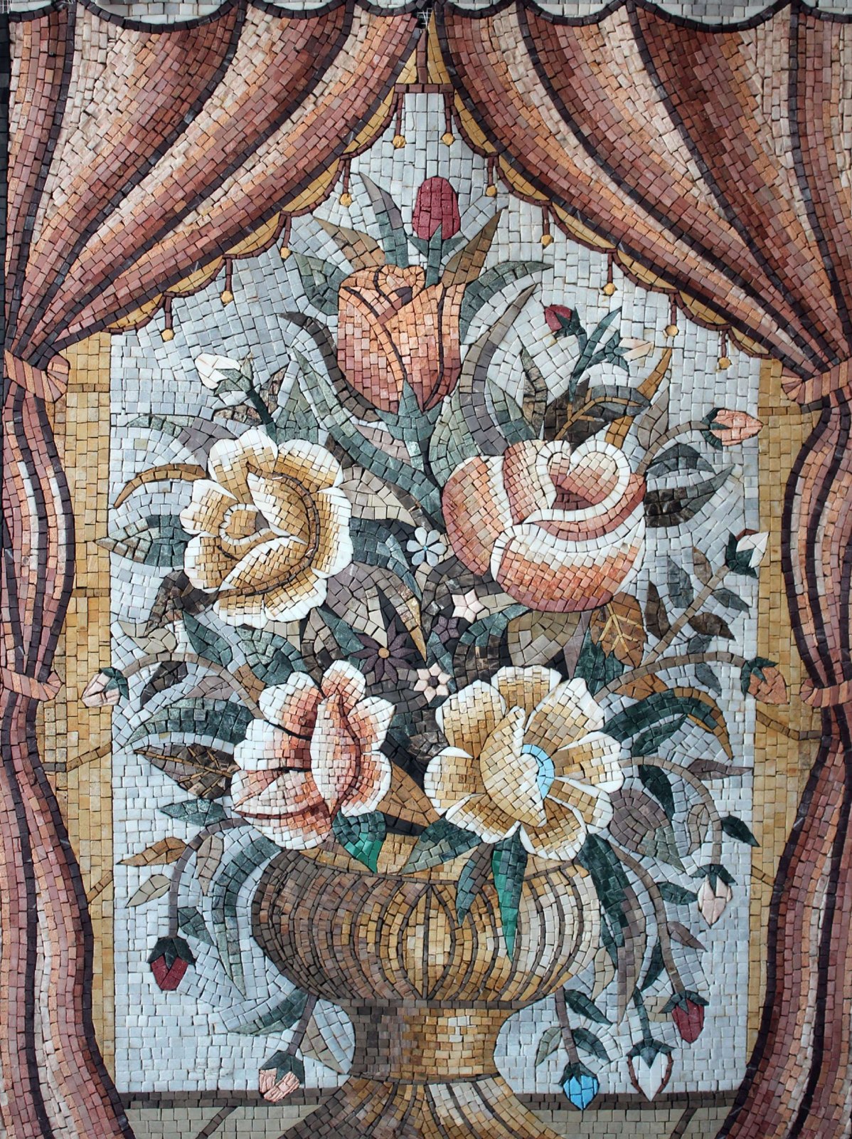 Natural stone mosaic of a floral arrangement beneath draped curtains.