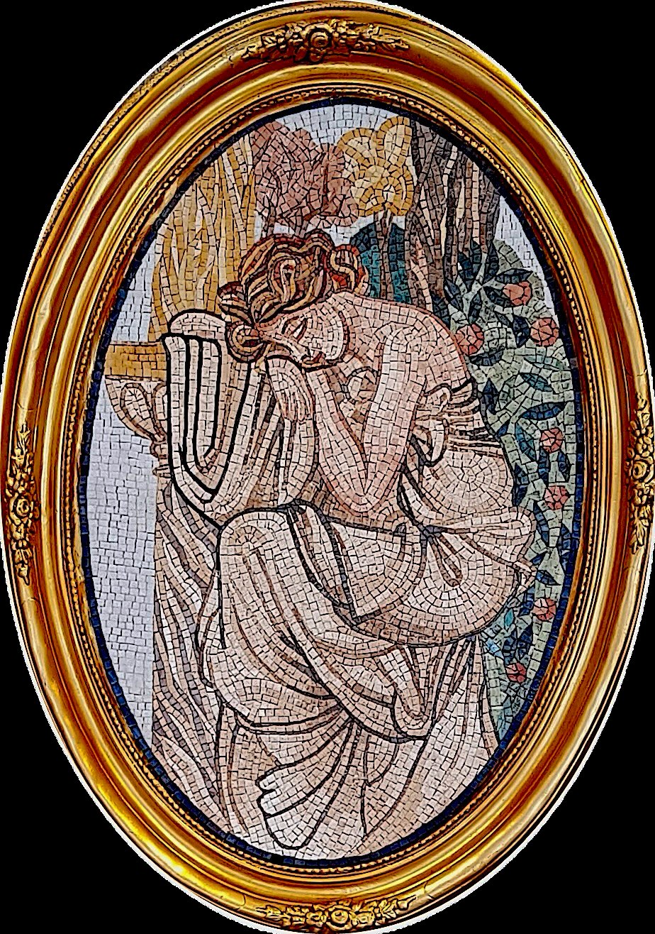 Oval framed mosaic artwork with a classical figure and ornamental gold frame.