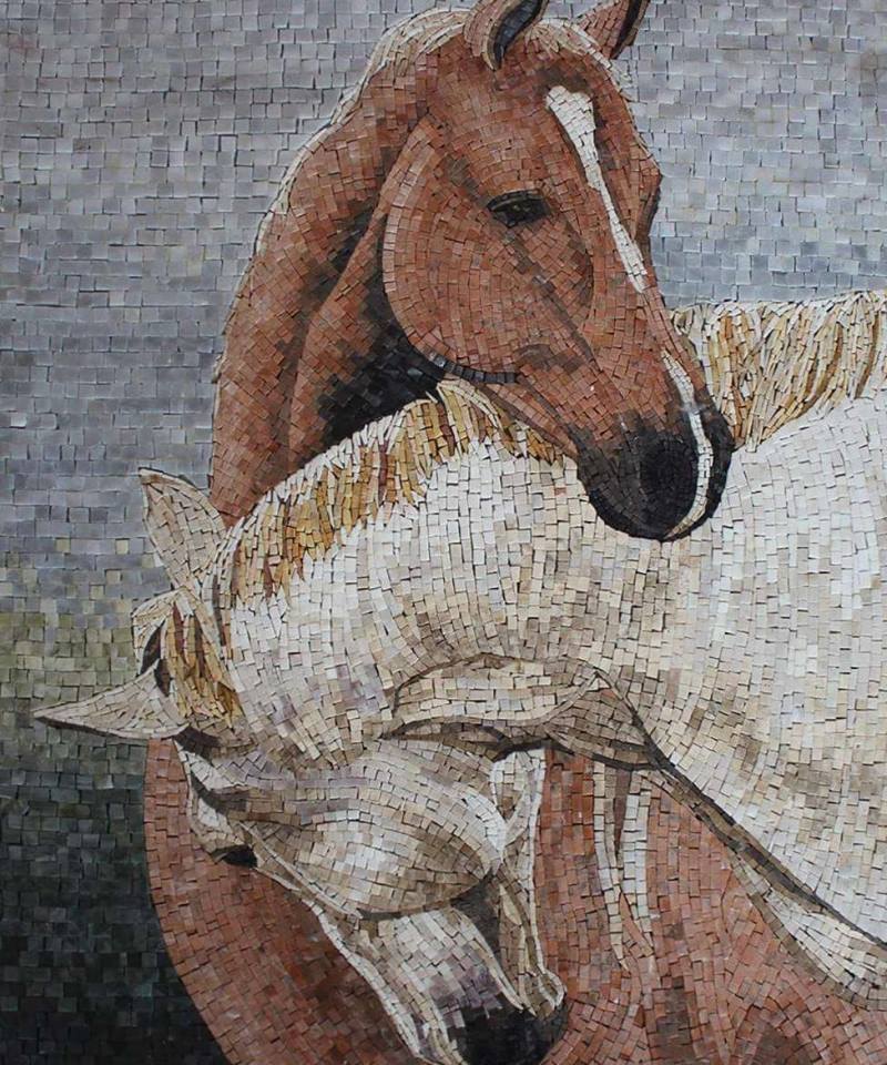 Two horses rendered in individually arranged natural stone mosaic pieces.