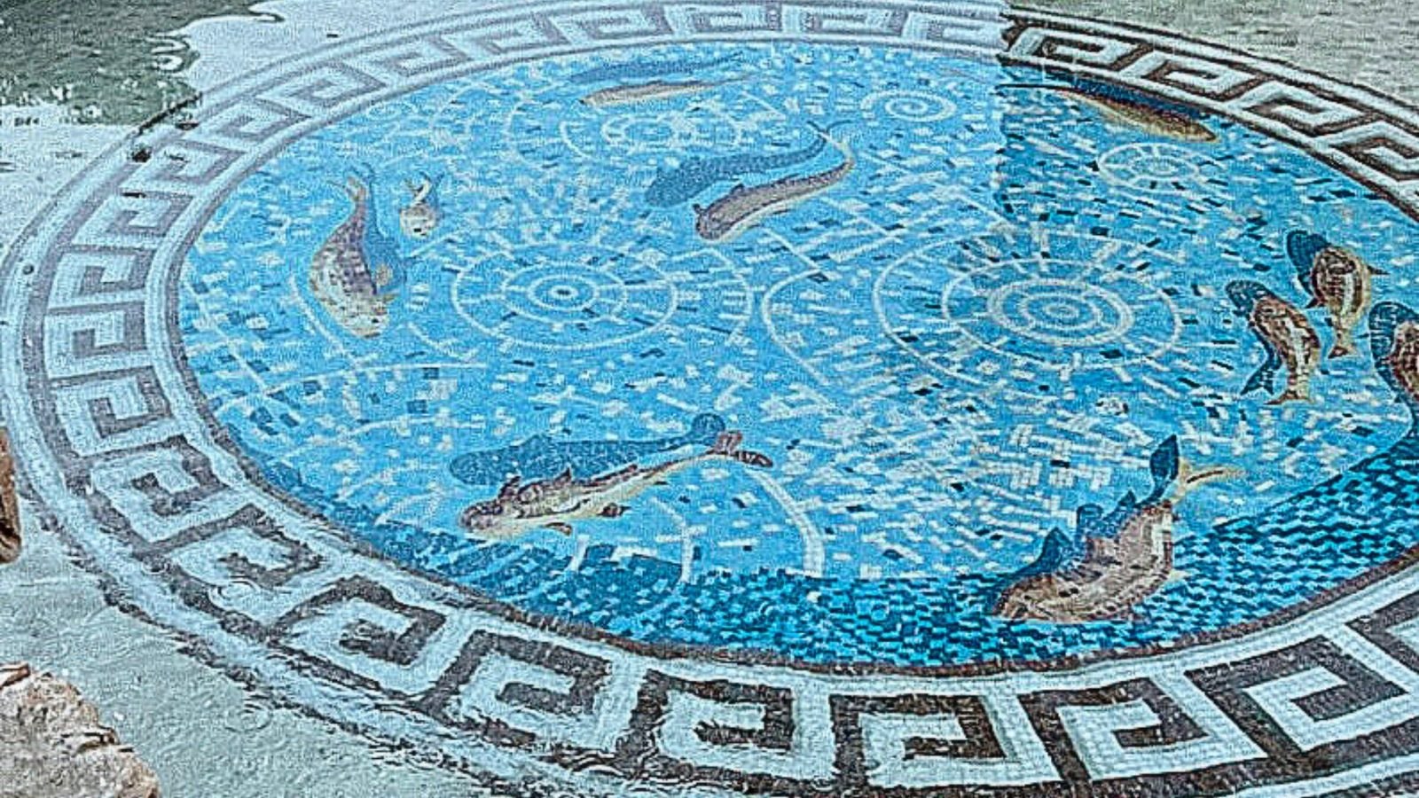 Blue circular pool mosaic featuring fish, flowing patterns and a geometric border.