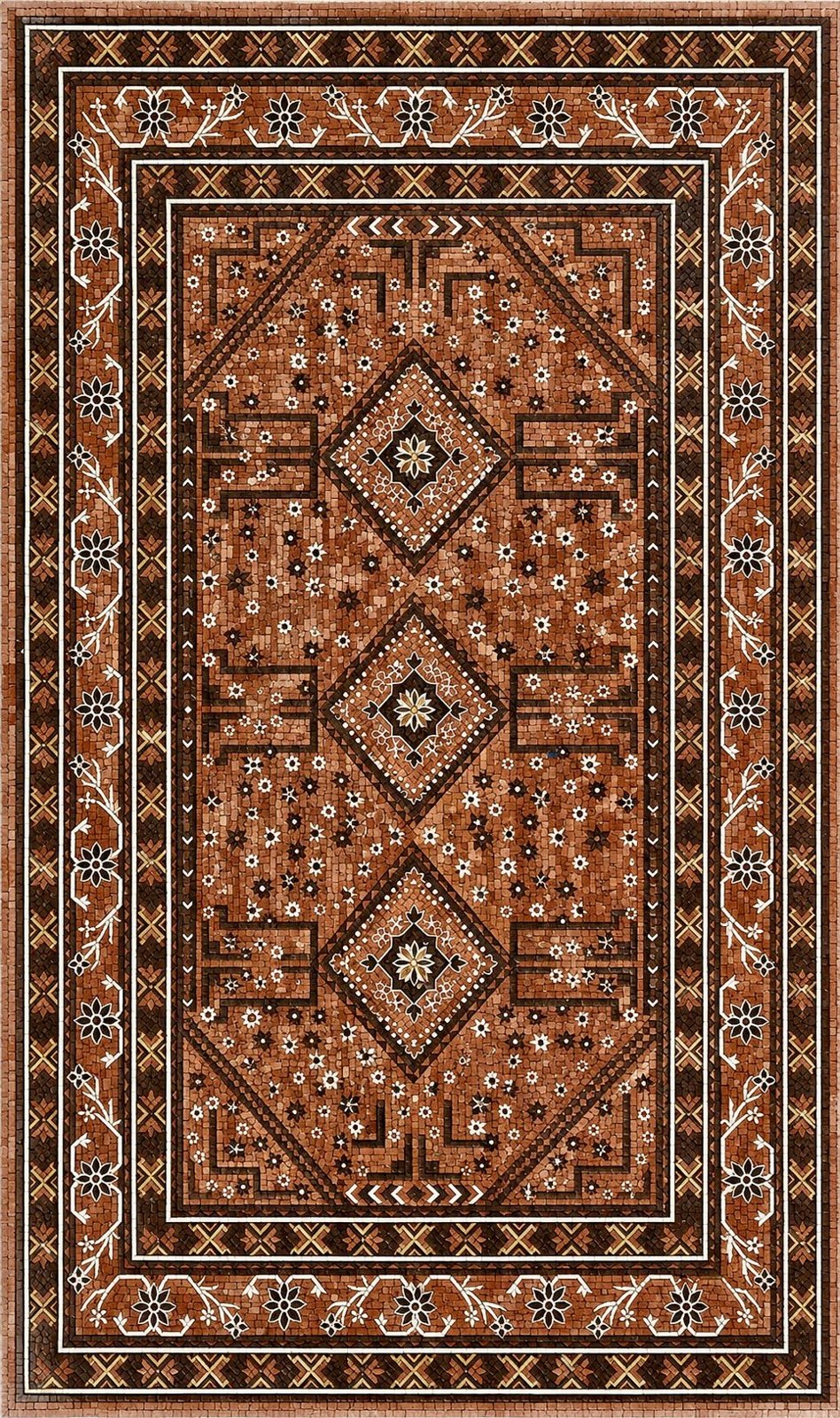 Detailed mosaic with the geometric motifs and warm tones of an ornamental rug.